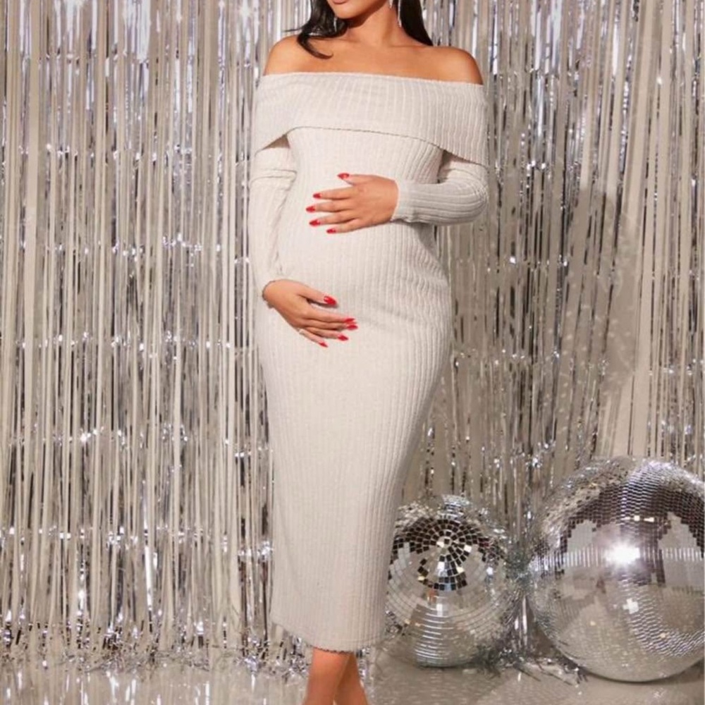 Elegant Off-Shoulder Cream Maternity Dress